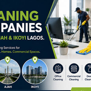 Professional cleaning staff sanitizing a modern office workspace in Lagos with text highlighting top cleaning companies in Lekki, Ajah, and Ikoyi.